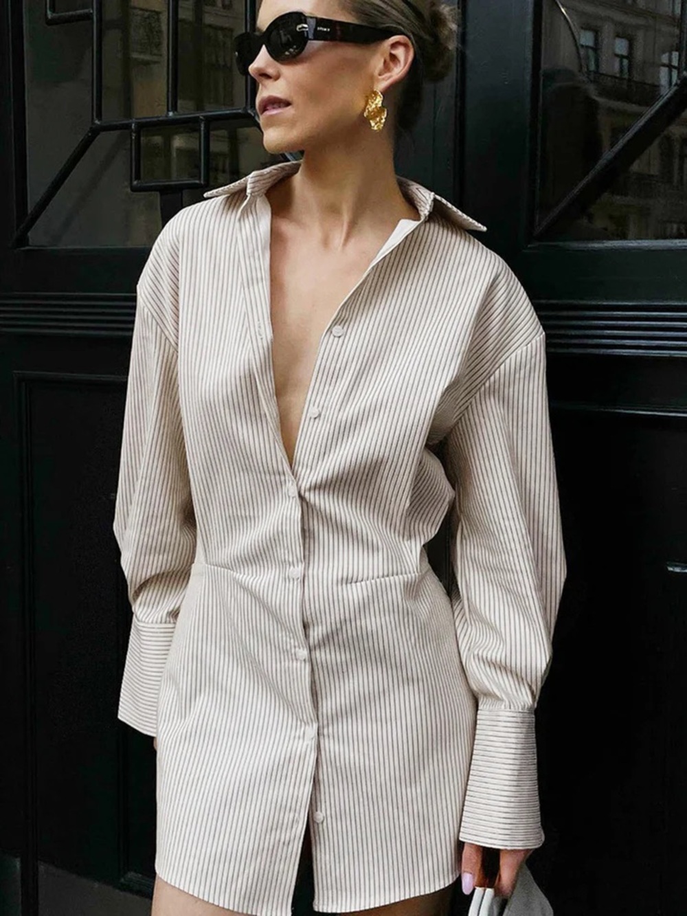 NWT Commense 100% Cotton Leisure Pinstripe Short Shirt Long Sleeve Dress